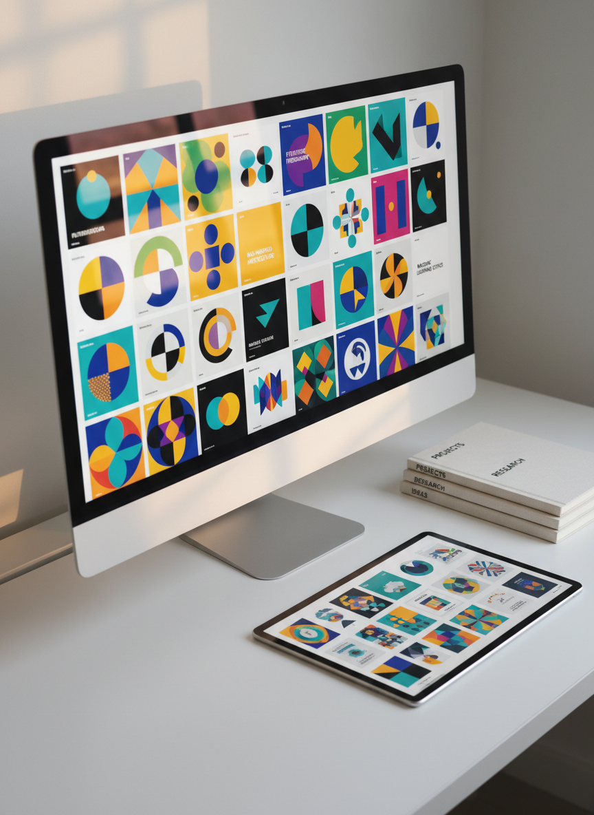 A sleek, large-format computer monitor displaying a vibrant grid of graphic design thumbnails and academic paper covers, each with distinct colors and geometric layouts, on a minimalist white desk. Beside the monitor, neatly stacked notebooks with clean typographic covers and a tablet showing vector illustrations emphasize organized project categories. Soft, diffused daylight from an unseen window washes over the workspace, creating gentle reflections on the screen and a calm, professional mood. Photographed at eye level with sharp focus throughout, the composition follows the rule of thirds, highlighting the screen as the main subject. The photographic realism and clean, modern aesthetic communicate a polished design and research portfolio environment.