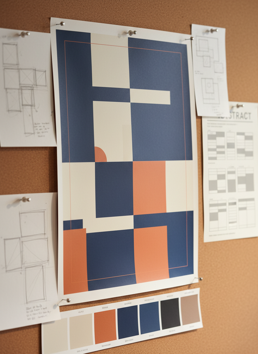 A close-up photographic scene of a high-resolution print of a graphic design project pinned to a neutral cork board, surrounded by layout sketches, color swatches, and a mock research paper abstract.
