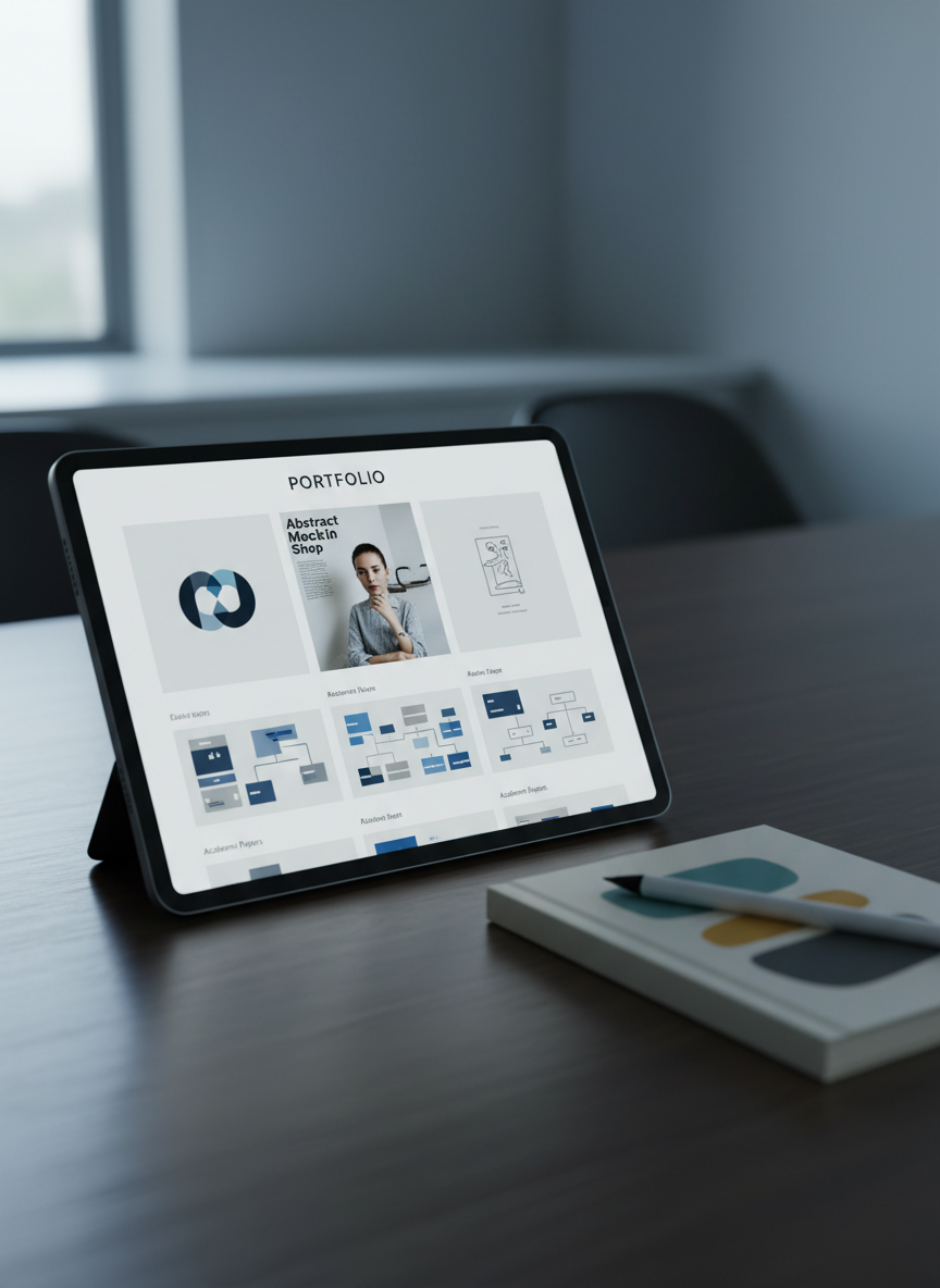 A modern, photographic close-up of a tablet on a dark wood desk displaying a clean portfolio interface with large image tiles for design projects and smaller tiles for academic papers.