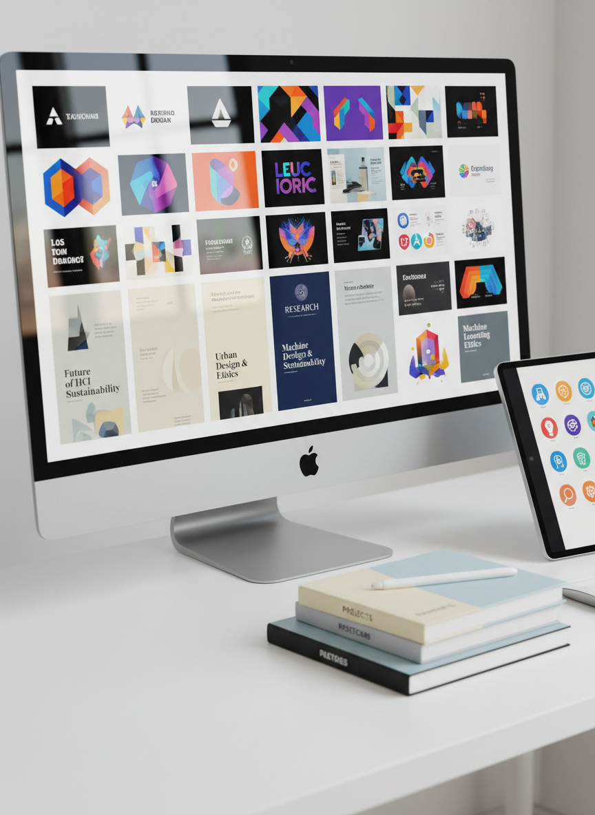 A sleek, large-format computer monitor displaying a vibrant grid of graphic design thumbnails and academic paper covers, each with distinct colors and geometric layouts, on a minimalist white desk. Beside the monitor, neatly stacked notebooks with clean typographic covers and a tablet showing vector illustrations emphasize organized project categories. Soft, diffused daylight from an unseen window washes over the workspace, creating gentle reflections on the screen and a calm, professional mood. Photographed at eye level with sharp focus throughout, the composition follows the rule of thirds, highlighting the screen as the main subject. The photographic realism and clean, modern aesthetic communicate a polished design and research portfolio environment.